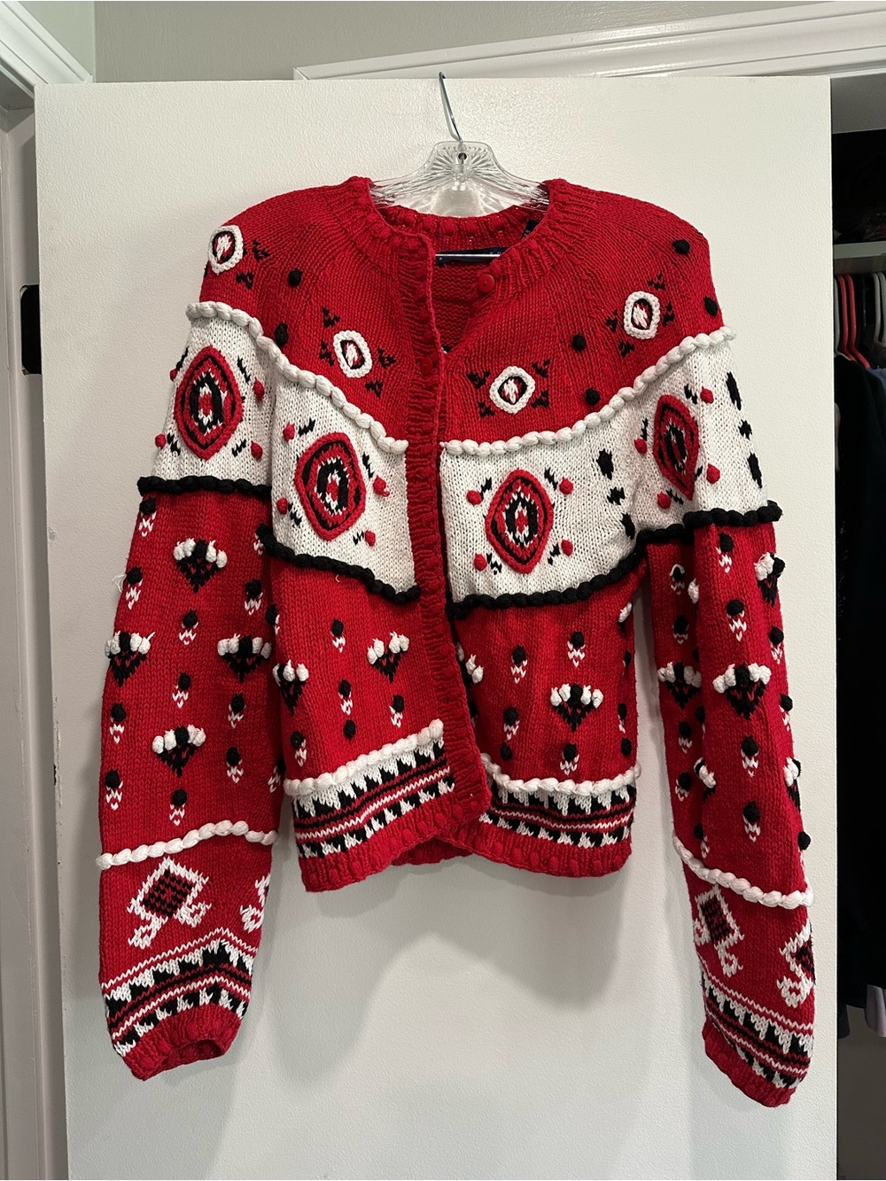 Vintage Red and White Patterned Knit Cardigan Sweater